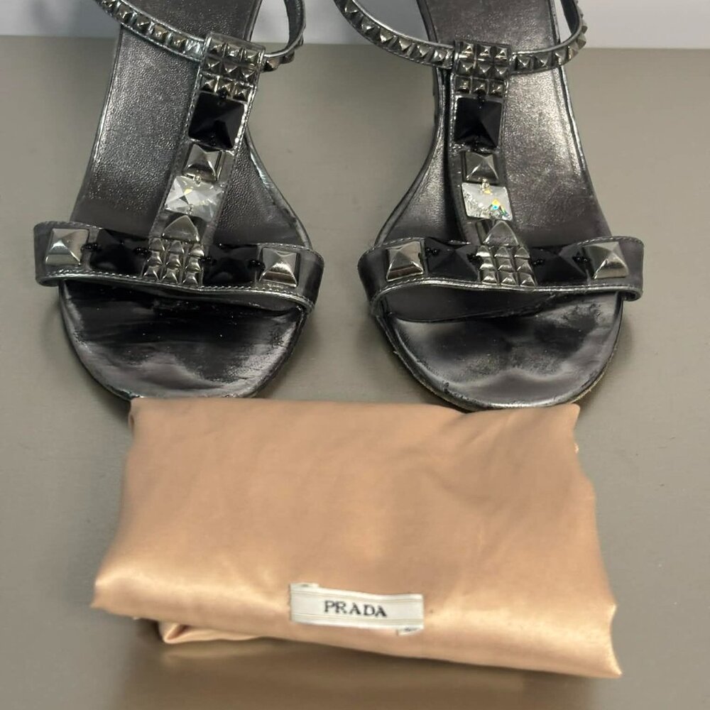 Prada Crystal Studded T-Strap Block Heel Sandals – Made in Italy